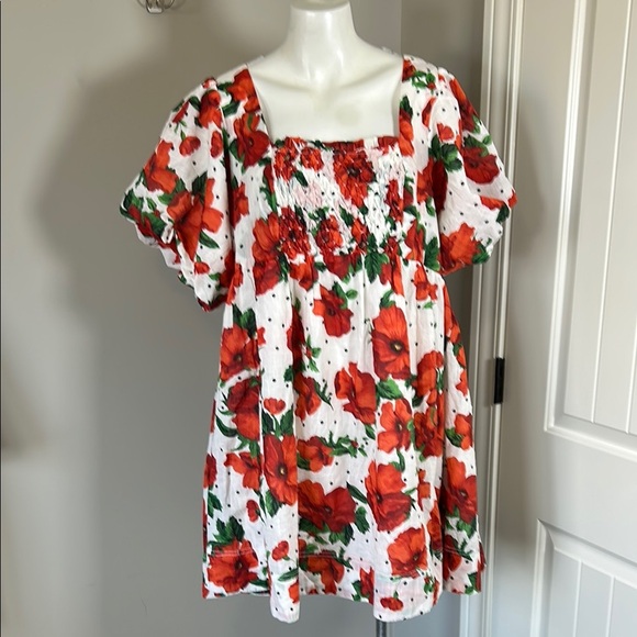 Maeve Square Neck Smocked Babydoll Dress Red Floral Side Zip Sz 1X NEW - Picture 3 of 15